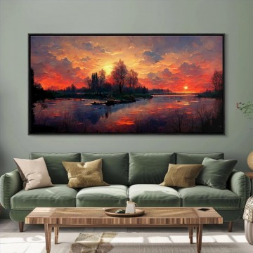 Landscapes Painting - Lake Sunset red photo landscape